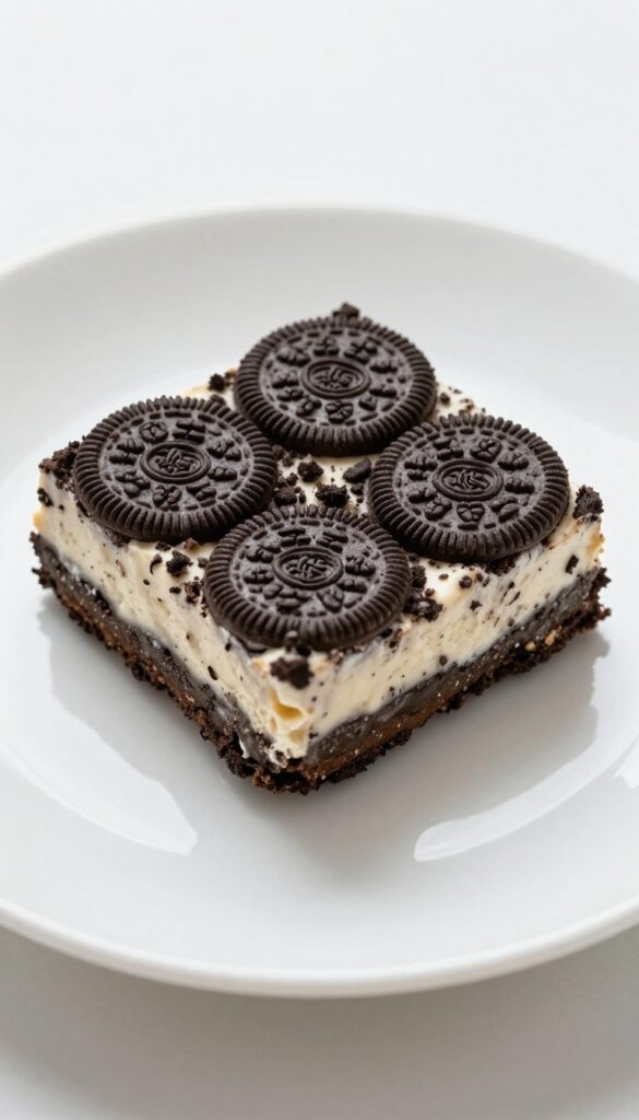 A slice of Oreo fudge with crushed cookies, presented on a white plate in natural light, illustrating an easy dessert recipe.