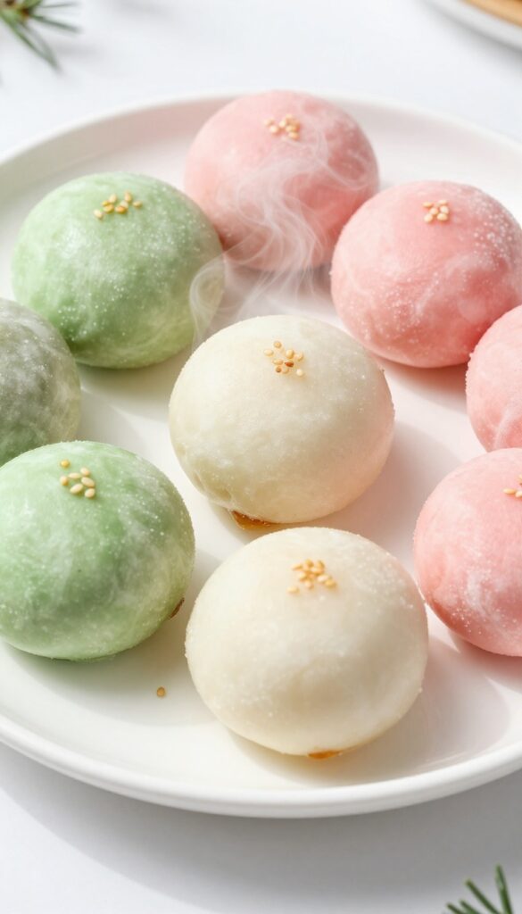 A plate of traditional Korean songpyeon half-moon rice cakes with soft textures and subtle fillings, steamed over pine needles, presented in bright natural light for a festive and appetizing look.