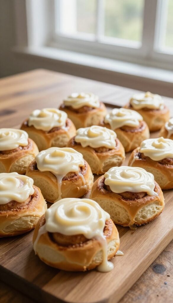 Freshly baked cream cheese cinnamon rolls with melted frosting on a wooden table in natural light.