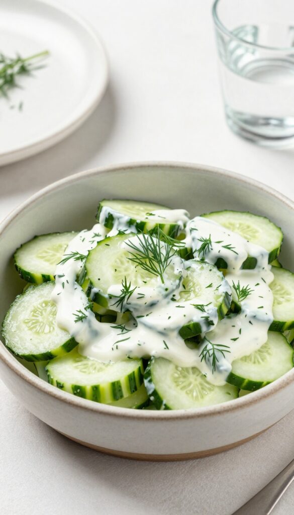 Creamy dill and sour cream cucumber salad in a ceramic bowl, showcasing fresh ingredients and a velvety texture, ideal for a blog listicle on viral BBQ salads.