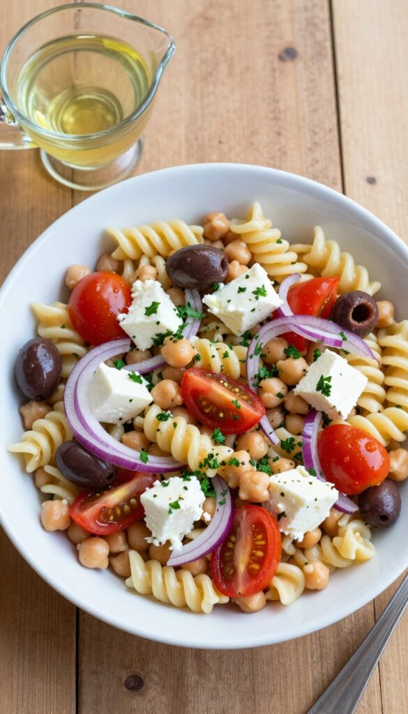 Mediterranean chickpea and feta pasta salad with lemon Italian dressing in a white bowl on a wooden table
