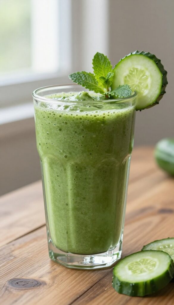 A bright green protein powder smoothie in a clear glass with cucumber and mint garnish, set on a wooden table in natural light.