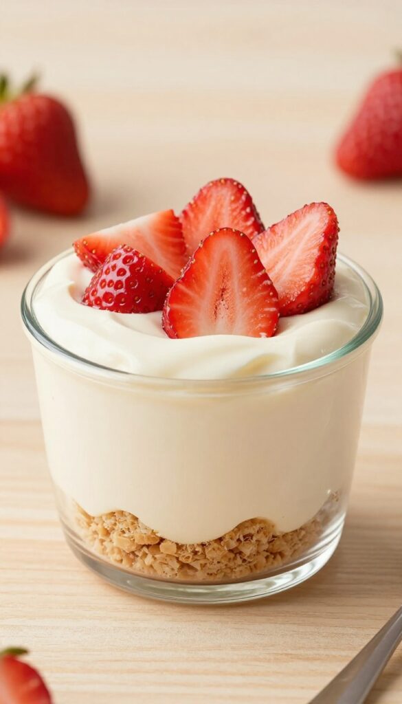 A strawberry tofu cheesecake cup in a glass jar with a graham cracker base, creamy filling, and fresh strawberry topping, presented in natural light