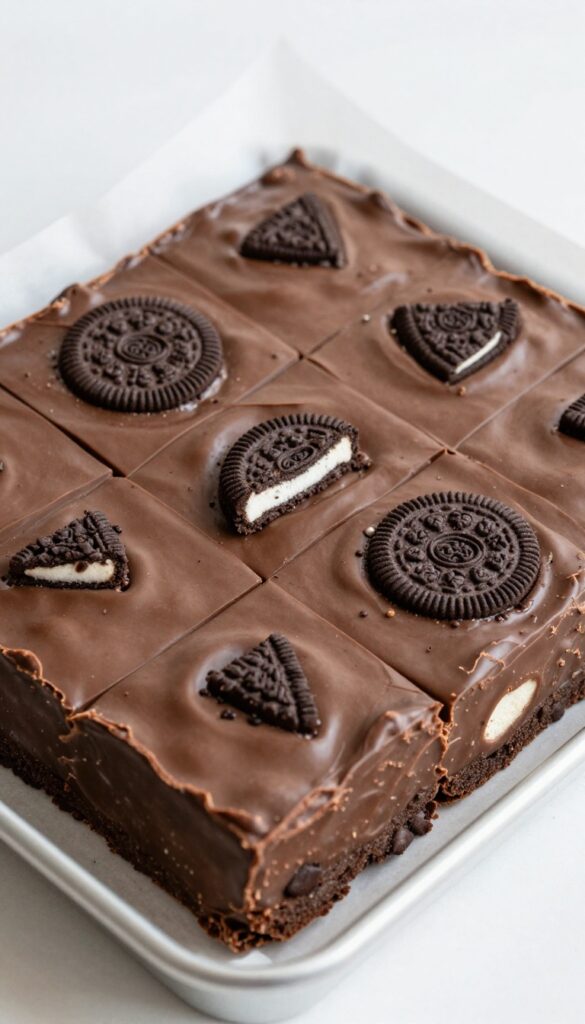 Oreo fudge bars in a square pan, showcasing a dense chocolate fudge base with crushed Oreo chunks, neatly sliced and ready to serve.