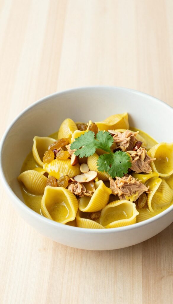 Curry tuna pasta salad with golden raisins and almonds in a bowl