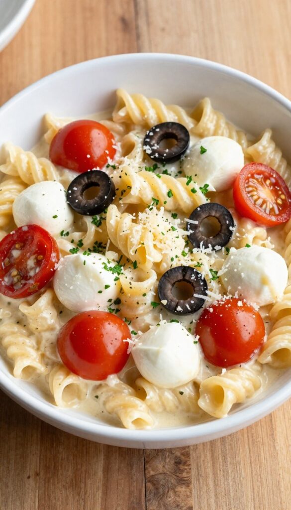 Creamy Italian pasta salad with pepperoni and mozzarella in a white bowl on a wooden table