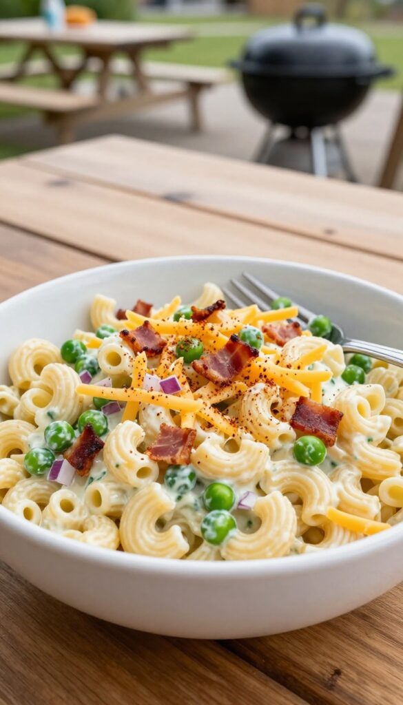 Creamy macaroni salad with smoky bacon and sharp cheddar cheese in a ceramic bowl on a wooden table