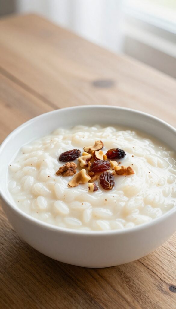 Creamy rice pudding in a white bowl with cinnamon, nuts, and raisins, served on a rustic wooden table in natural light.
