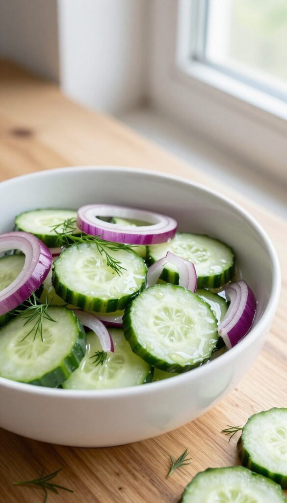 Classic dill and red onion cucumber salad in a white bowl on a wooden table