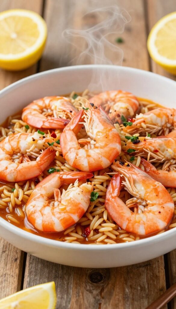 A bowl of spicy shrimp orzo with shrimp, orzo pasta, red pepper flakes, and garlic in a broth, garnished with lemon and herbs, photographed in natural light.
