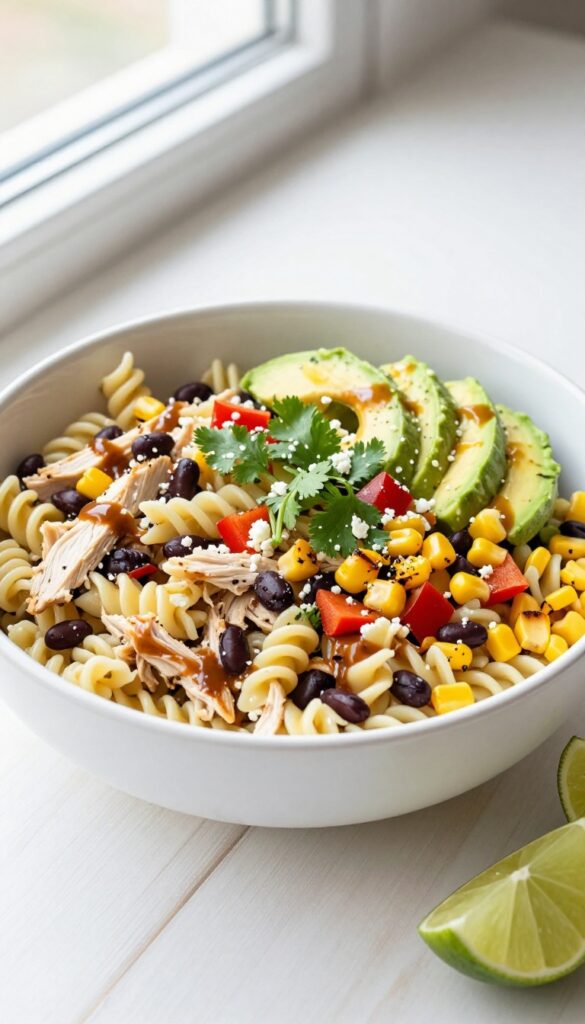Southwest chicken pasta salad with corn and black beans in a white bowl