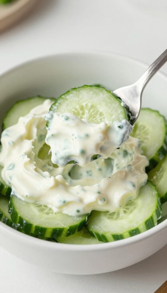 Close-up of tangy sour cream cucumber salad being scooped with a fork.