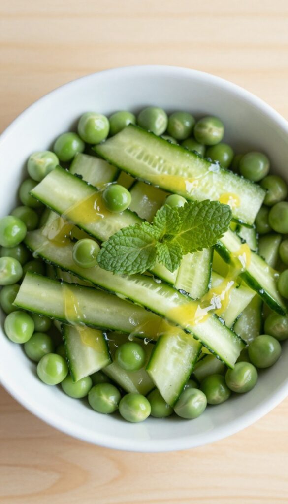 Cucumber ribbons and peas salad with mint and lemon dressing