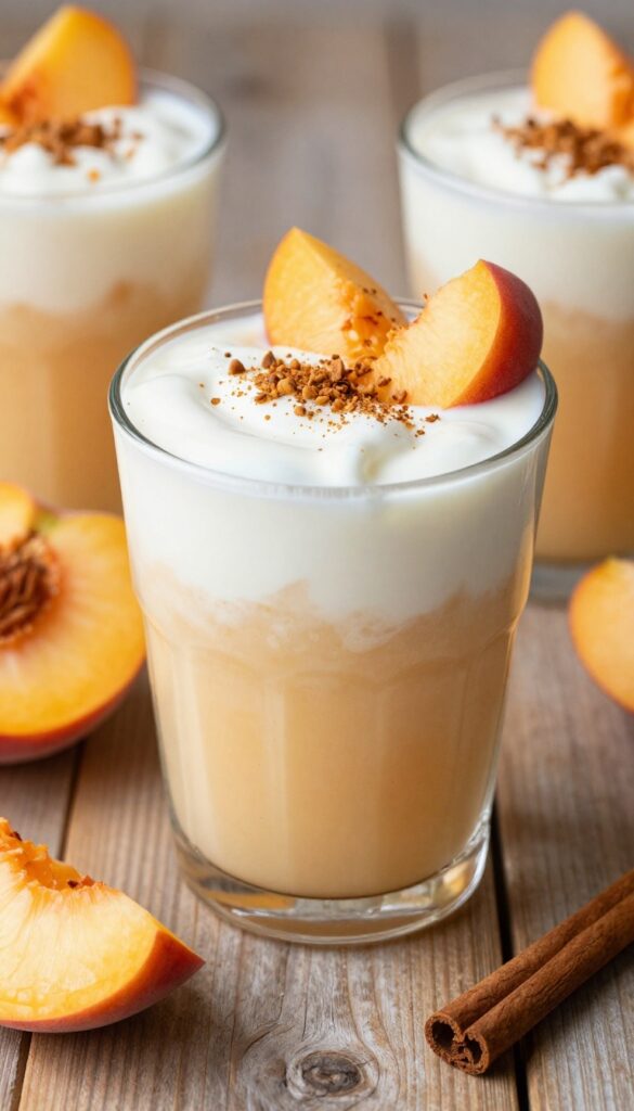 A creamy peach and honey smoothie in a glass with fresh peach garnish, showcasing cozy comfort in a photorealistic food image.