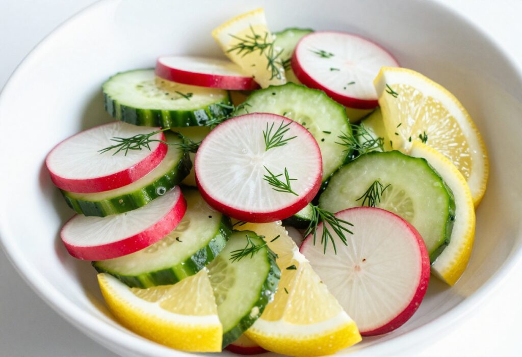 Bold radish cucumber salad in a white bowl with fresh dill and lemon wedges.