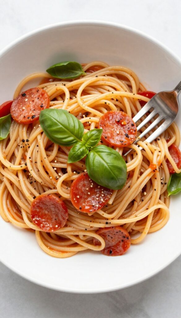 Overhead view of pepperoni pasta salad with fork