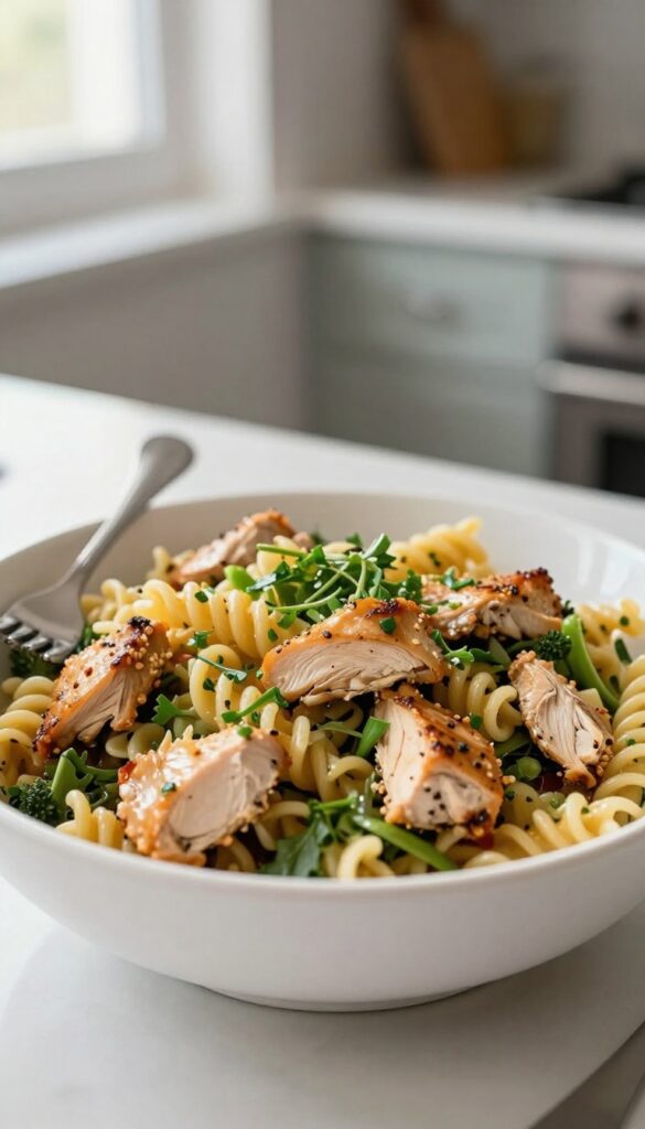 Rotisserie chicken pasta salad in white bowl with fork