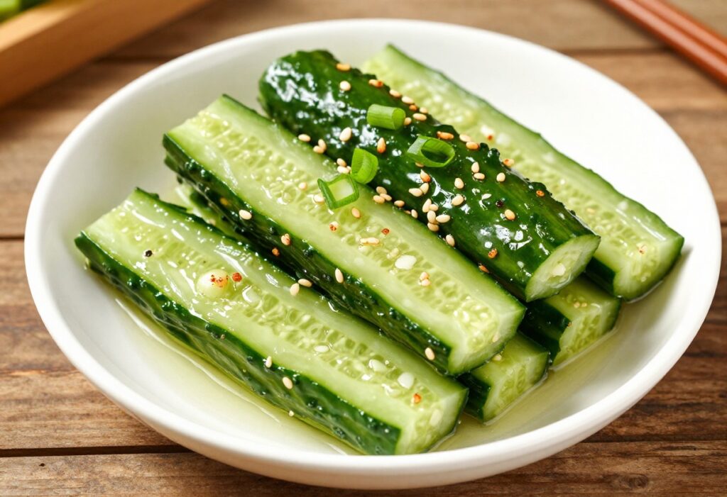 Close-up of garlicky Korean cucumber salad with sesame seeds and green onions in a white bowl
