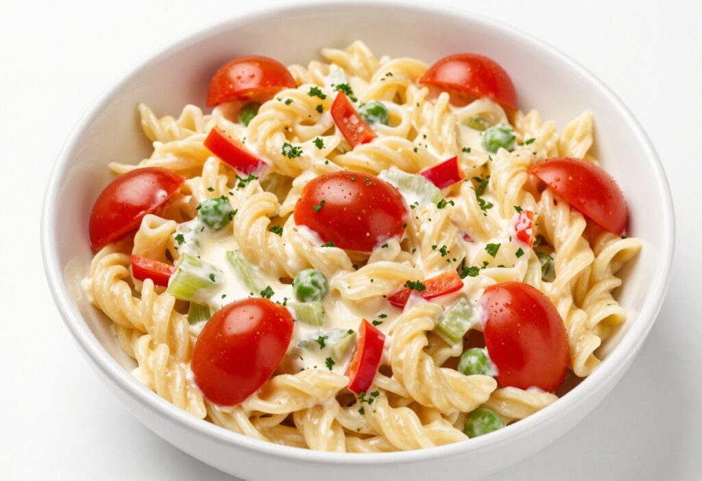 Classic mayo pasta salad in a white bowl with fresh parsley garnish