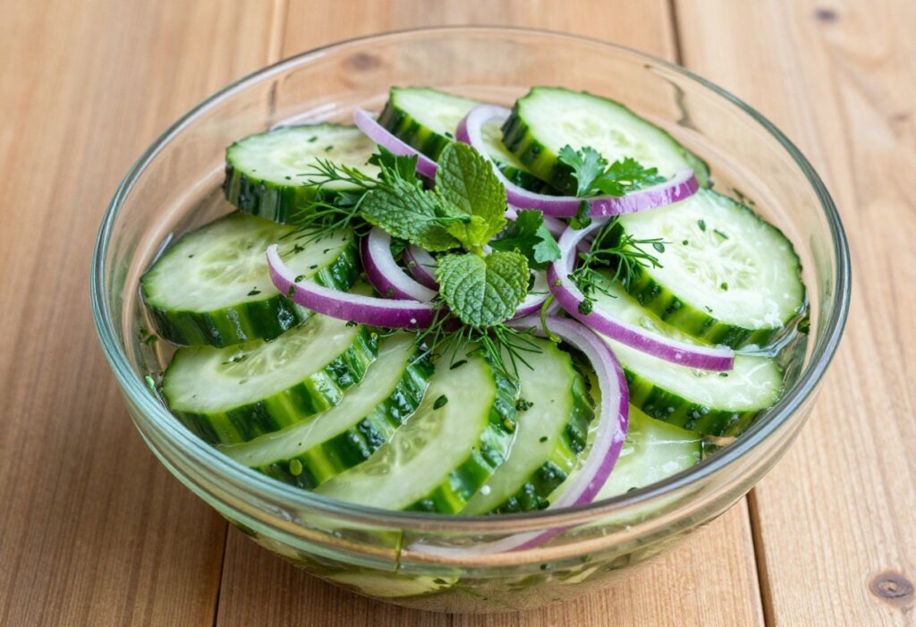 Marinated cucumber salad with fresh herbs in a glass bowl on a wooden table