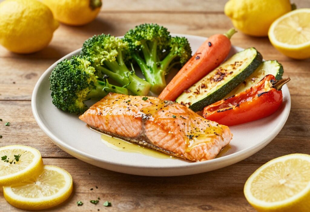 A colorful plate of lemon garlic salmon with roasted vegetables, showcasing a heart-healthy, low cholesterol recipe in a bright, natural setting.
