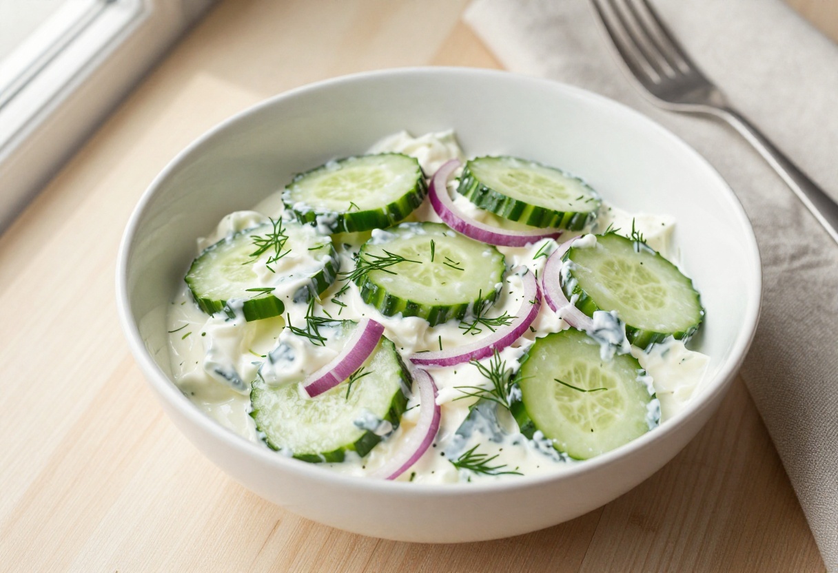 A bowl of tangy sour cream cucumber salad with fresh dill on a wooden table.