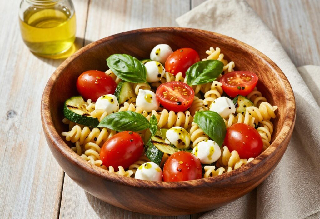 Overhead view of a colorful summer pasta salad with Italian dressing in a wooden bowl