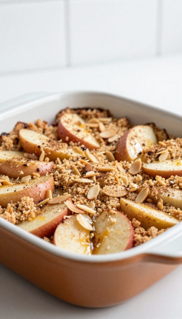 A close-up view of a Paleo apple crisp dessert, showing tender apples with a crumbly almond flour topping, baked to perfection in a ceramic dish, evoking a warm and comforting feel