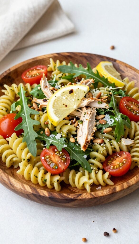 Bright lemon herb pesto chicken pasta salad with arugula on a wooden platter