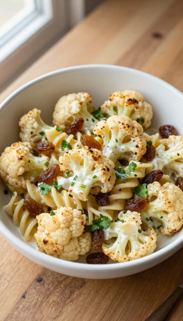 Bowl of curried cauliflower and raisin pasta salad on wooden table