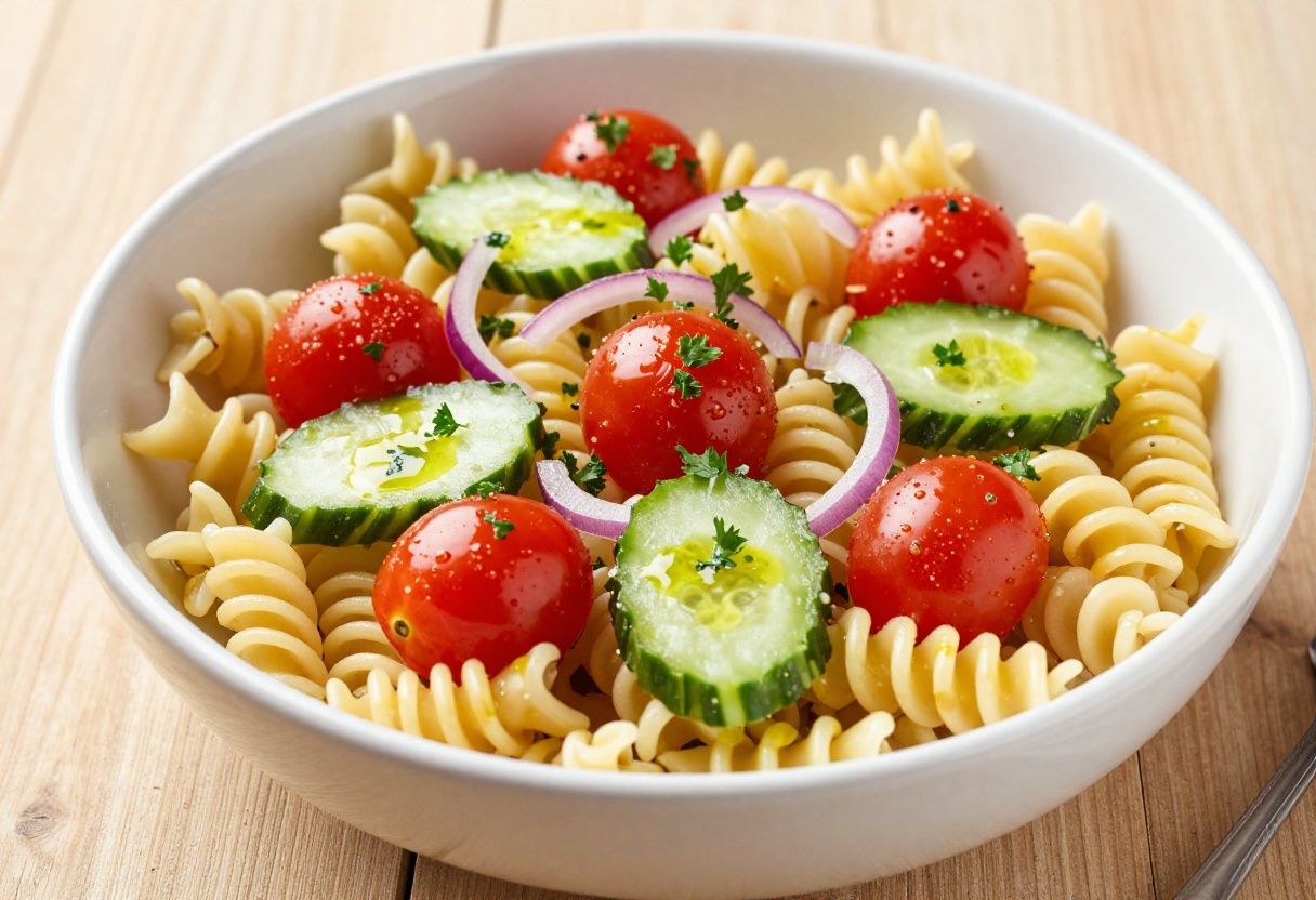 A colorful pasta salad bowl with fusilli pasta, cherry tomatoes, cucumber, and fresh herbs in a white bowl.