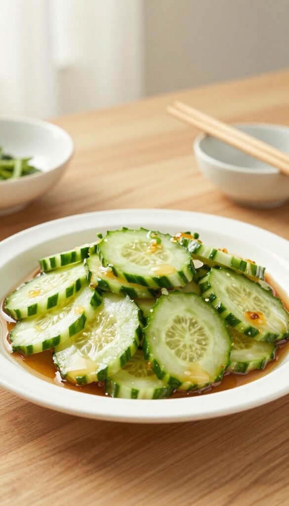Korean cucumber salad on a wooden table with chopsticks
