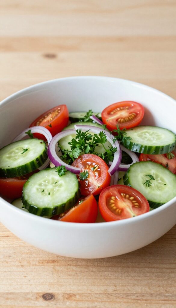A vibrant herbed cucumber and tomato salad in a white bowl, showcasing fresh cucumbers, cherry tomatoes, parsley, dill, and red onion in bright natural light.