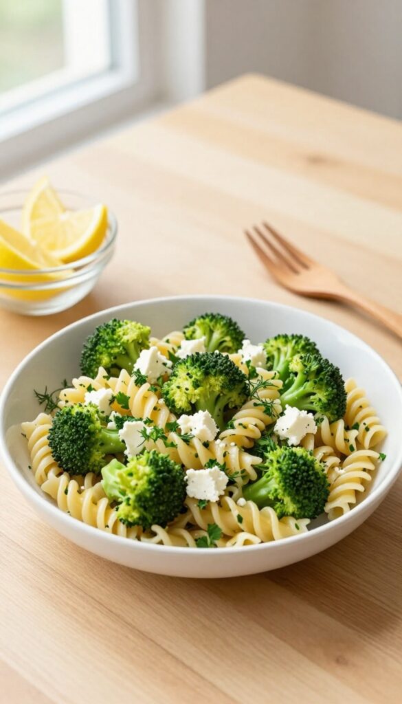 Lemon-herb broccoli pasta salad with feta in a white bowl on a wooden table