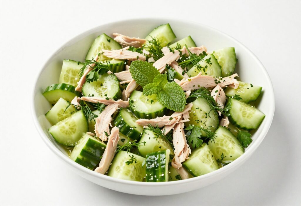 Crisp chicken and herbs cucumber salad in a white bowl with fresh herbs and vinaigrette