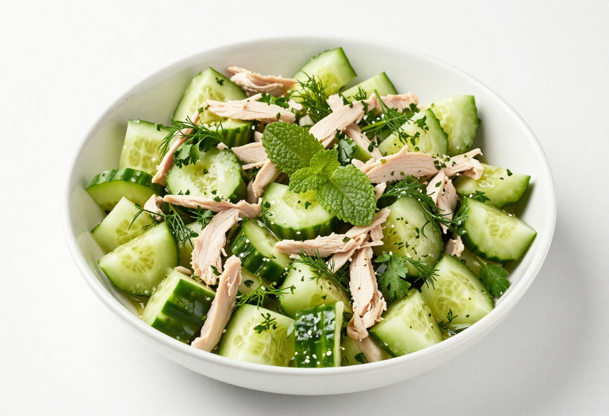 Crisp chicken and herbs cucumber salad in a white bowl with fresh herbs and vinaigrette