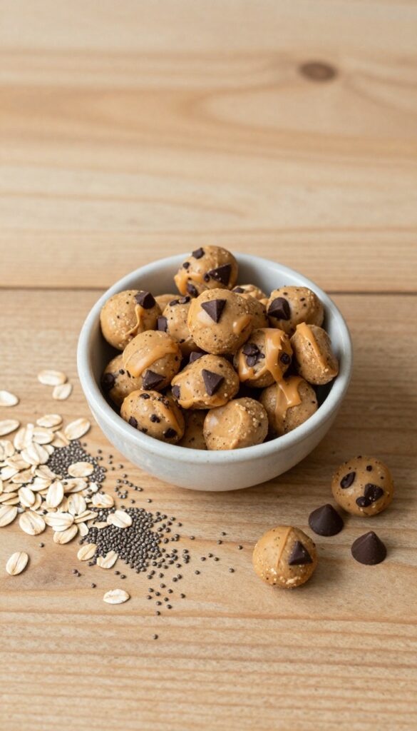 Peanut butter energy bites in a bowl on a wooden table with oats and chia seeds scattered around.