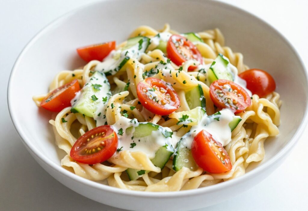 Overhead view of a colorful cucumber pasta salad with fresh vegetables and herbs in a white bowl, perfect for summer spreads.