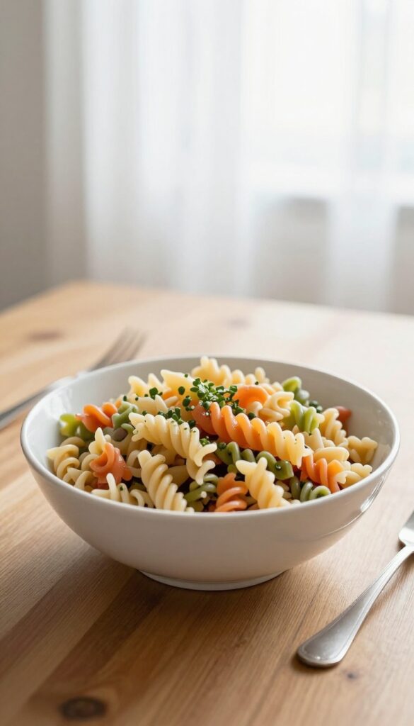 Tri-color pasta salad with Italian dressing served in a bowl on a wooden table