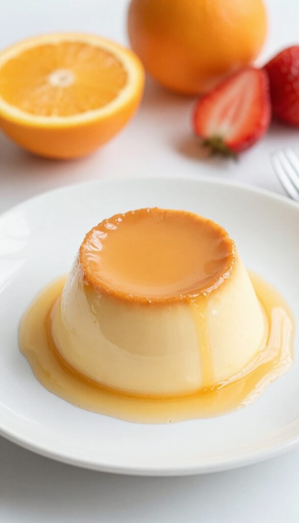 A classic evaporated milk flan with smooth custard and caramel sauce, served on a white plate with fresh fruit slices, in bright natural light.