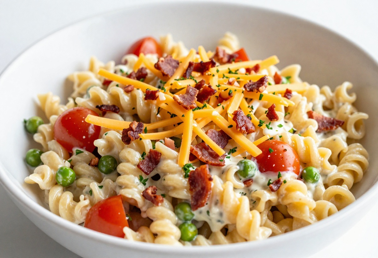 Cold bacon ranch pasta salad in a white bowl with bacon and parsley garnish.