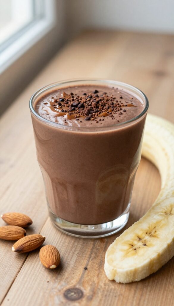 A rich chocolate smoothie with almond butter drizzle in a clear glass, garnished with almonds and banana slices on a wooden table.