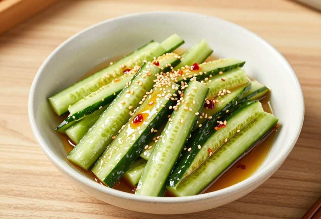 Chinese-style cucumber salad with garlic and chili oil in a ceramic bowl