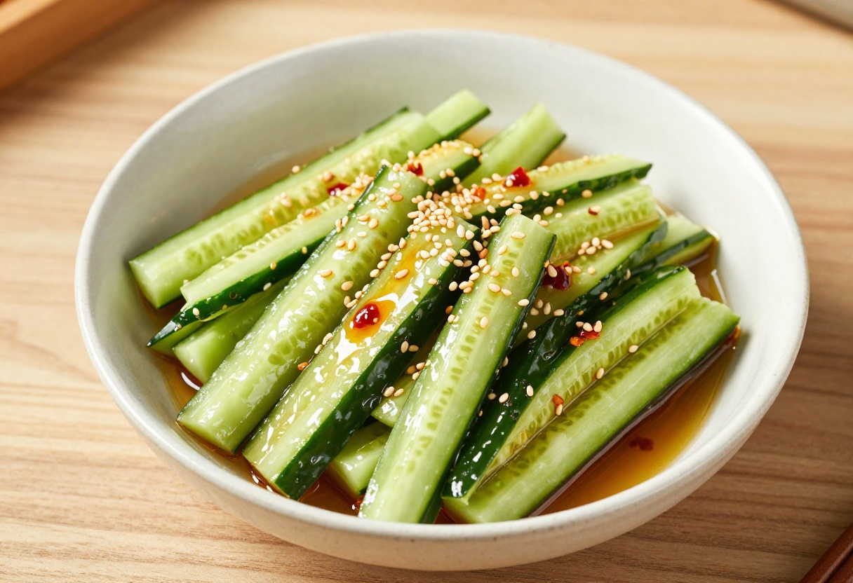 Chinese-style cucumber salad with garlic and chili oil in a ceramic bowl
