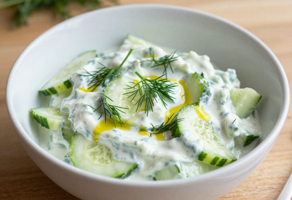 Cool cucumber yogurt salad with dill in a white bowl on a wooden table