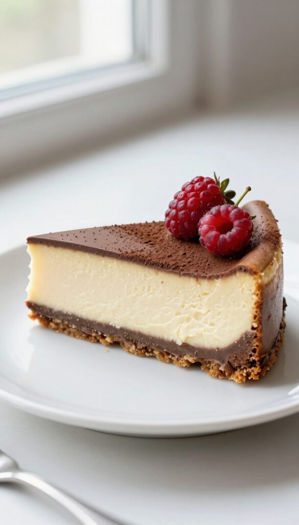 A slice of creamy no-bake chocolate cheesecake with a biscuit base, garnished with berries and cocoa powder, presented on a white plate in natural light.