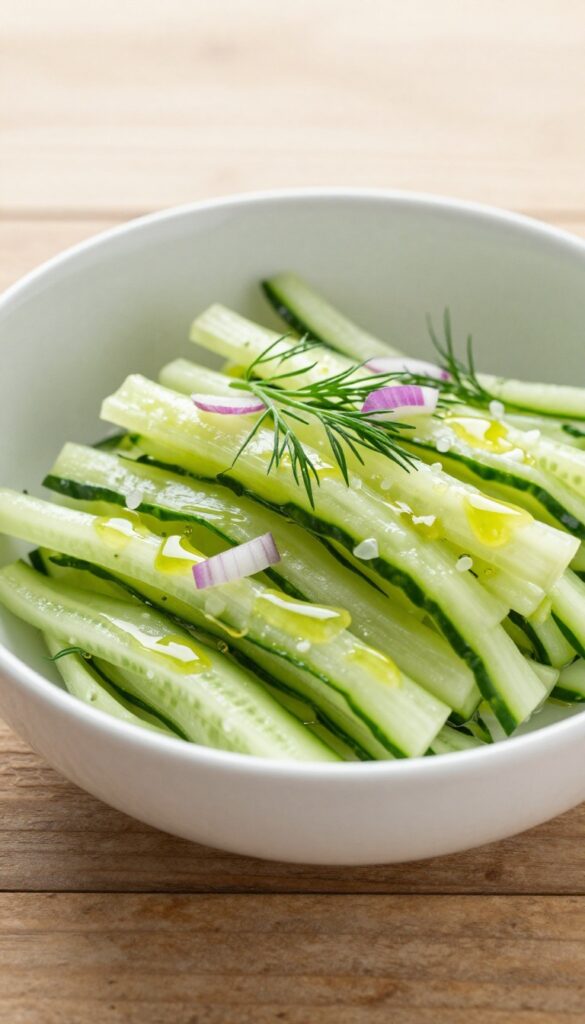 A close-up of a tangy vinegar-splashed cucumber ribbon salad with fresh dill and red onion, served in a white bowl on a wooden table.