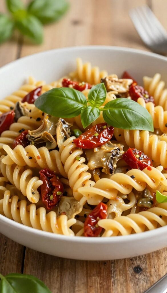 Bowl of sun-dried tomato and artichoke pasta salad with basil