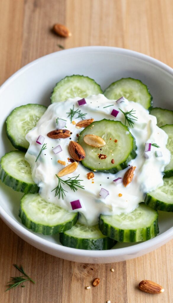 A close-up photo of a Greek yogurt cucumber salad with toasted almonds, featuring crisp cucumbers in creamy yogurt with red onion and dill, served in a white bowl on a wooden table.