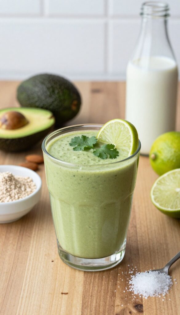 A creamy green savory avocado protein smoothie garnished with lime and cilantro, with ingredients like avocado, protein powder, lime, almond milk, and sea salt arranged on a rustic wooden table in natural light.